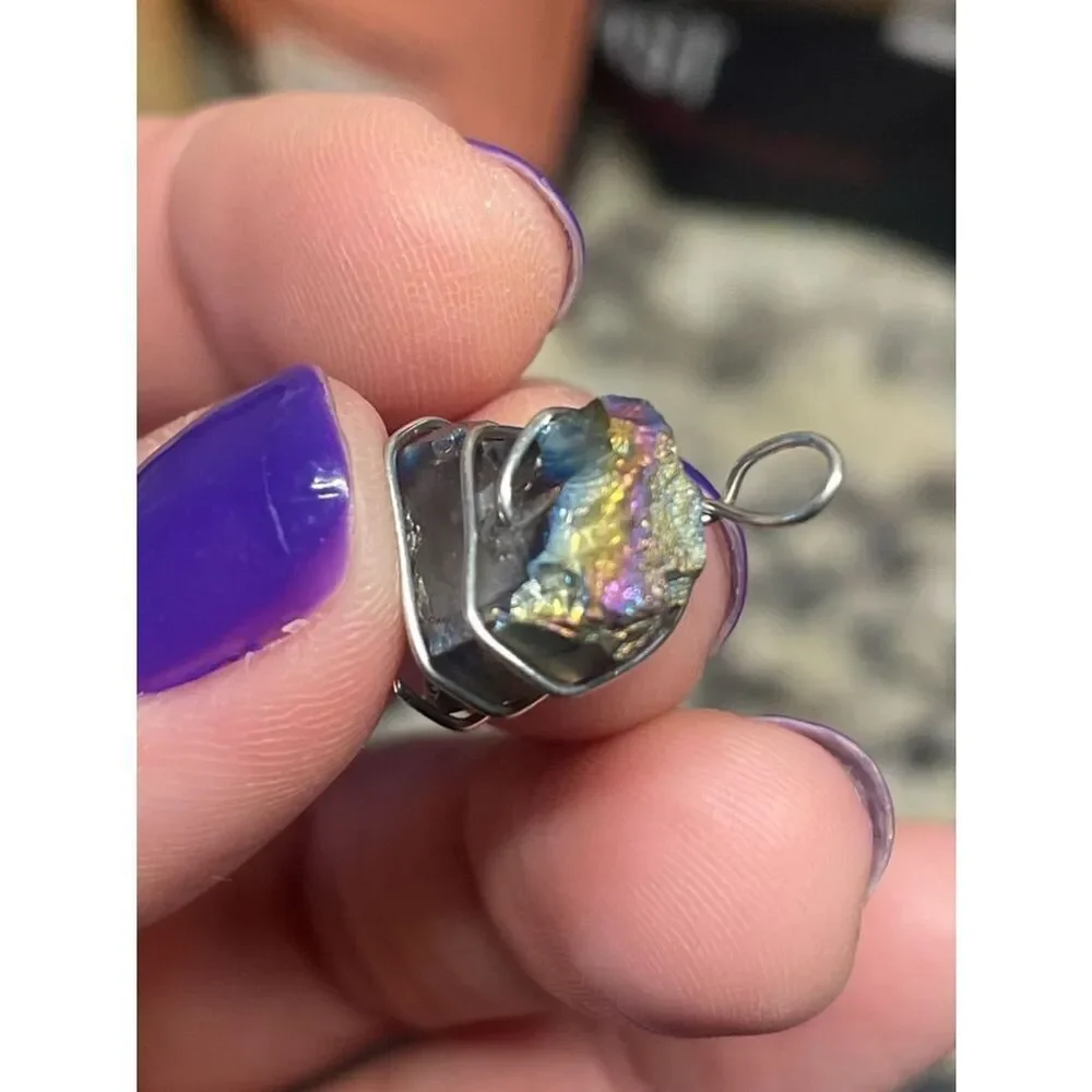 Handmade Small Rainbow Titanium Aura Stone Pendant Wrapped in Silver Wire